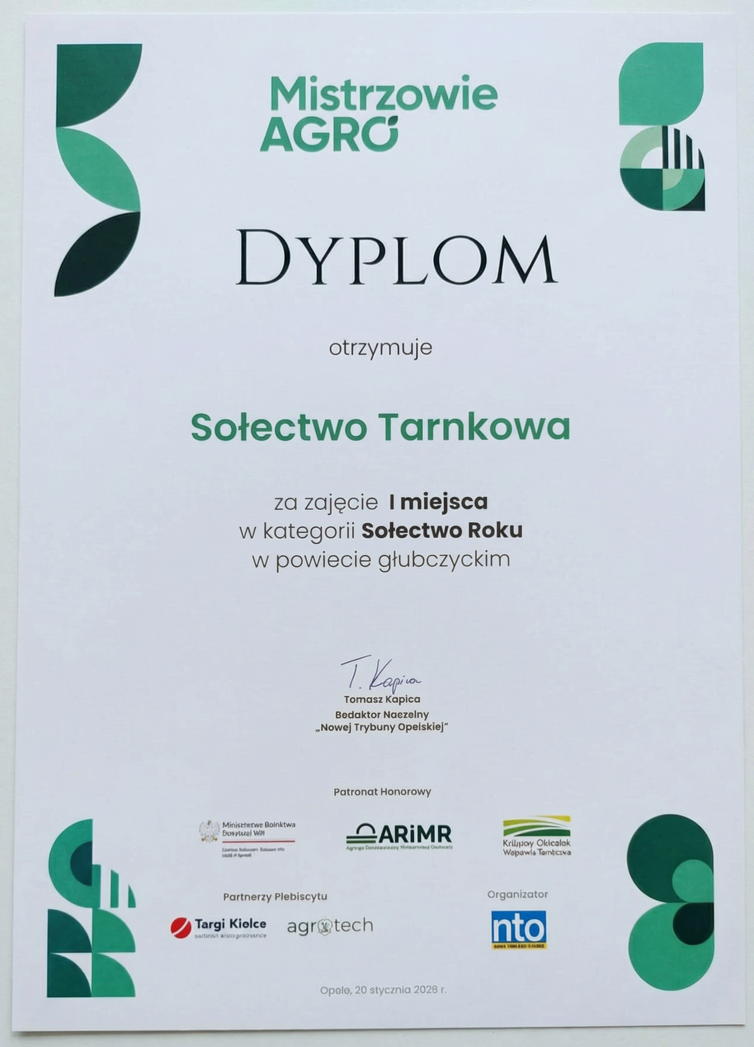Dyplom Mistrzowie Agro — 1. miejsce powiat