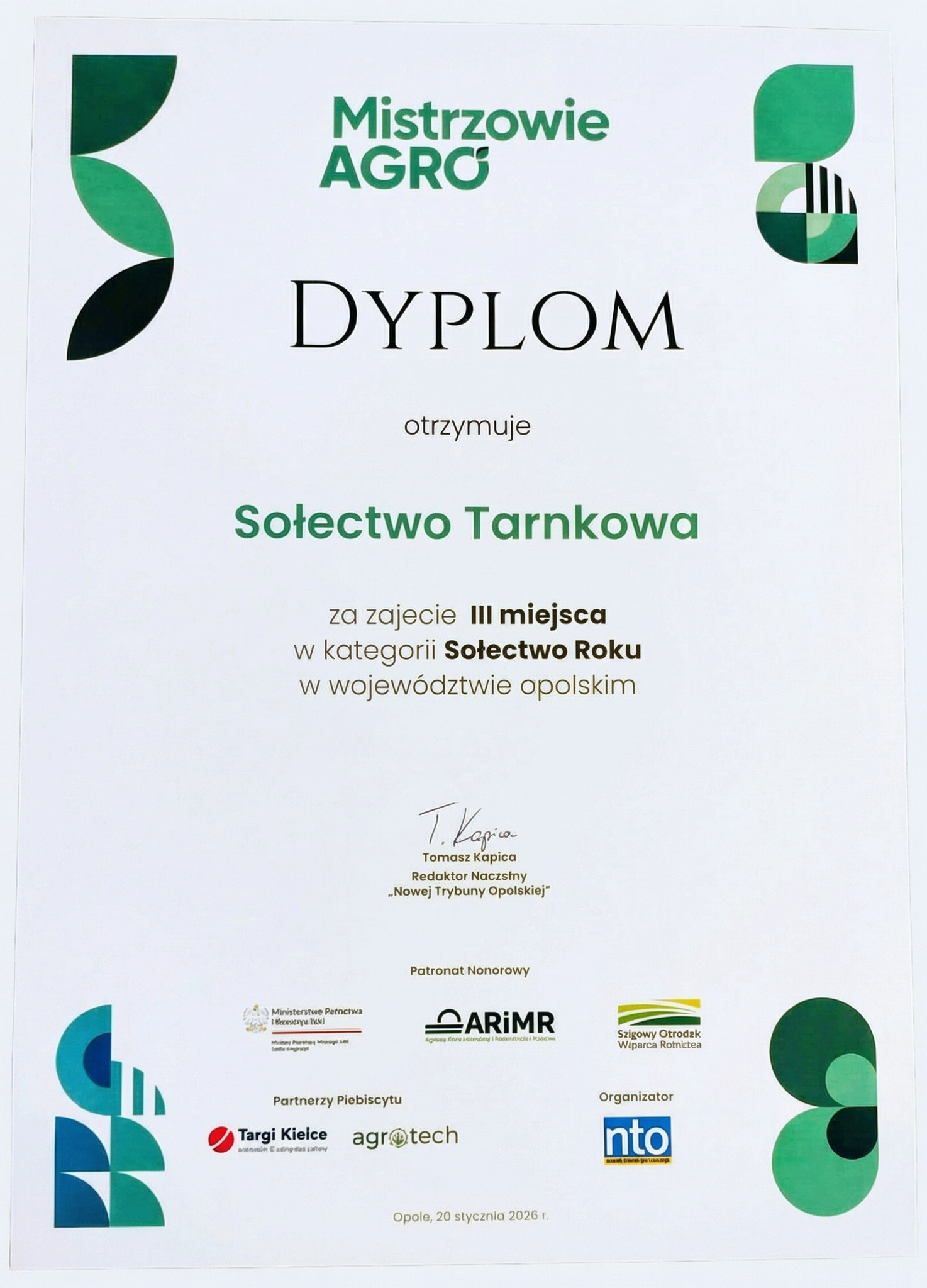 Dyplom — 3. miejsce w województwie opolskim, Mistrzowie Agro 2025